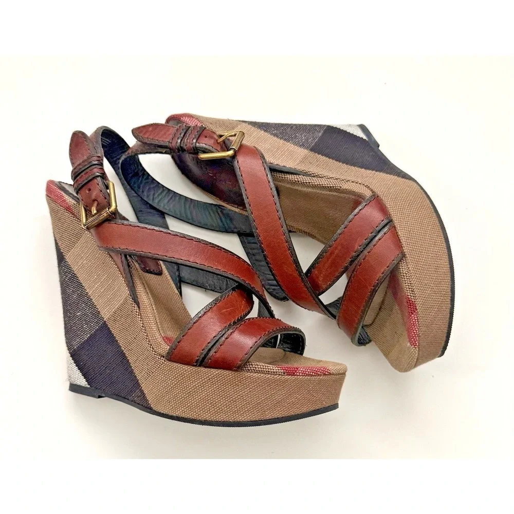 Burberry Brit Canvas Nova Check Warlow 125MM  Woman Wedge Sandals US 7